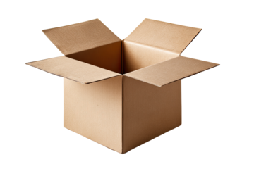 An open cardboard box, light beige in color, sits centered against a black background.  The box's flaps are open, revealing an empty interior.  The box's edges are crisp and straight