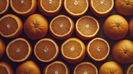 A close-up view of fresh oranges arranged closely together