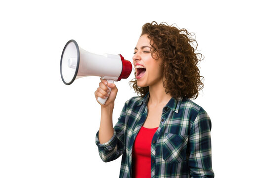 Young woman with curly hair shouting enthusiastically through a megaphone announcing and protesting with passionate expression