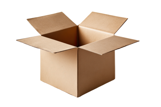 An open cardboard box, light beige in color, sits centered against a black background.  The box's flaps are open, revealing an empty interior.  The box's edges are crisp and straight