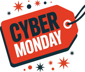 Red tag with dark blue text Cyber Monday and starbursts sale discount