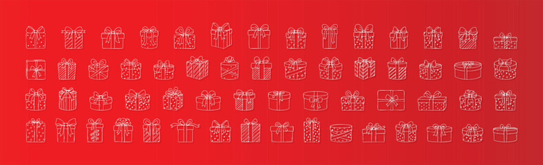 Collection of thin line gift box and present icons on a vibrant red gradient background. Ideal for holiday greeting cards, birthday designs, shopping promotions, surprise themes, and celebration