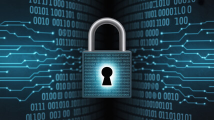 Secure your digital world with a glowing padlock and binary code, symbolizing advanced cybersecurity and data protection solutions for a connected era.