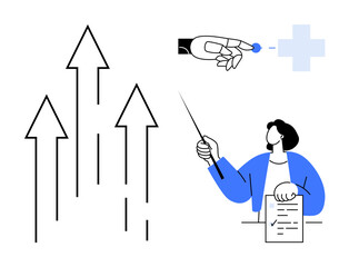 Upward arrows symbolizing growth, a robotic hand interacting with a digital element, a professional presenting data. Ideal for innovation, strategy, leadership, progress, technology, education