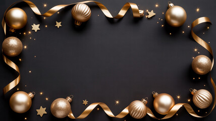 Elegant golden Christmas ornaments and shimmering ribbon frame a luxurious black background, perfect for festive greetings and seasonal designs