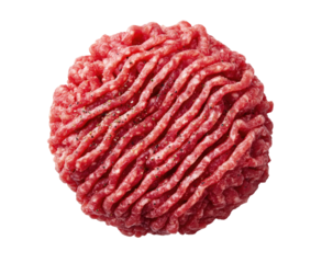 Close-up of a round, raw ground beef patty.  The meat is a deep reddish-pink hue and is textured with visible striations.  Fine black pepper specks are scattered across the surface