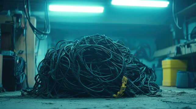 A large tangled mass of unspooled industrial cabling snaking across a dimly lit concrete floor with overhead blue green fluorescent lighting