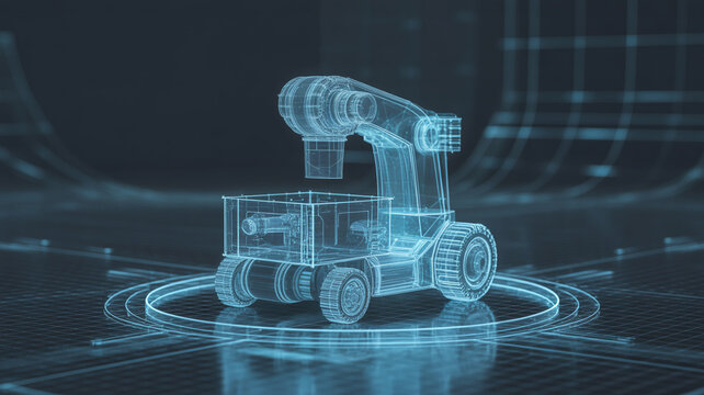 Futuristic robotic arm on industrial vehicle blueprint, representing innovation, automation, and advanced manufacturing concepts in a digital environment