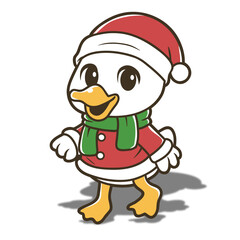 Cute Cartoon Christmas Duck with Santa Hat and Scarf Illustration