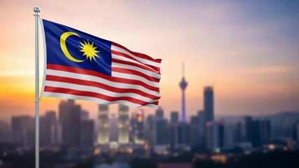 Flag of Malaysia waving against a blurred city skyline at sunset, representing nation, travel, and independence day