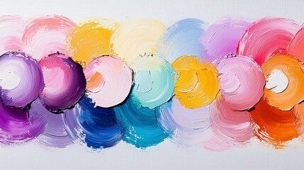 A vibrant array of circular oil paint strokes in various pastel and bright colors are layered on a white canvas.