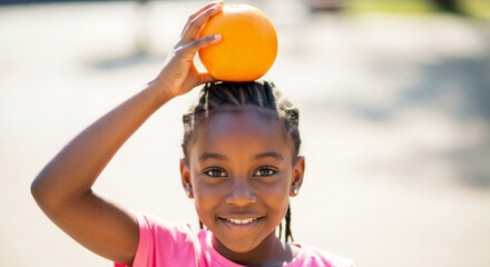 Happy african american girl balancing an orange on her head. Cheerful child smiling and playing outdoors with fruit for a healthy lifestyle
