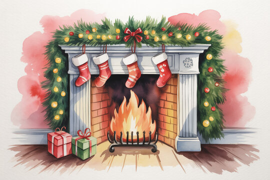 Cozy Christmas fireplace watercolor painting with stockings, festive garland, gift boxes, and a warm fire perfect for holiday cards and seasonal designs - Powered by Adobe