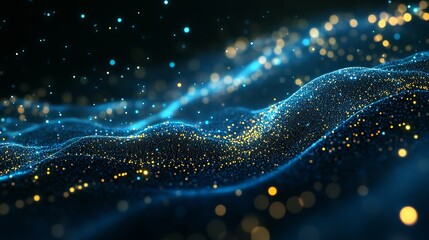 Stunning abstract flowing data stream with shimmering blue and gold particles for modern technology, science, and futuristic backgrounds