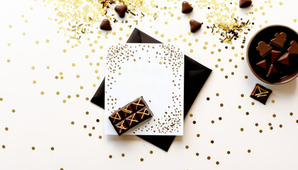 Minimal flat lay with birthday card, chocolate, and confetti