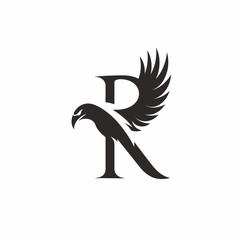 Fototapeta premium Powerful black eagle or hawk silhouette with letter R, majestic animal emblem design concept vector art