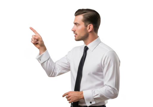 Businessman pointing with his finger isolated on transparent background