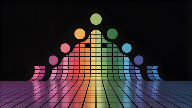 Colorful equalizer wave with reflective grid pattern and circles