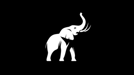 Stylized White Elephant Silhouette with Raised Trunk and Tusks on Black Background, Minimalist Animal Design