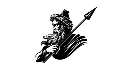 Mythical bearded man illustration with spear. Ancient powerful legendary character vector graphic, monochrome heroic figure design
