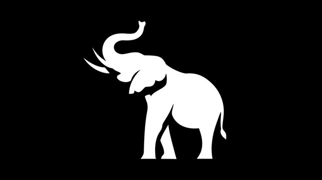 Majestic white elephant silhouette standing with trunk raised, isolated on a plain black background, minimalist vector graphic design.