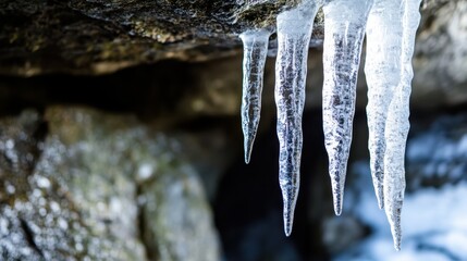 Close up view of icicles dripping from a rock overhang