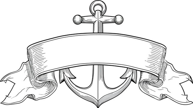 Vintage hand-drawn anchor with blank ribbon banner illustration, engraved style nautical marine design element.
