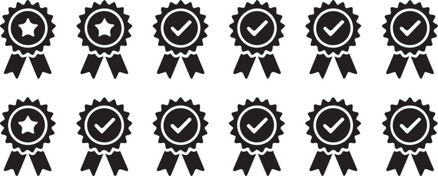 Black achievement rosette icons with star and checkmark symbols display prominently against white