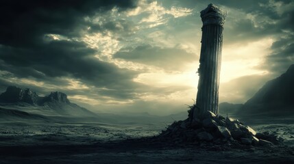 Collapsed Stone Pillar Among Ruins Under Dramatic Cloudy Sky