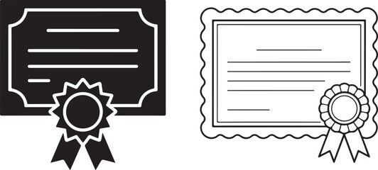 Black and white certificates showing awards and documents in a simple outline style, transparent background