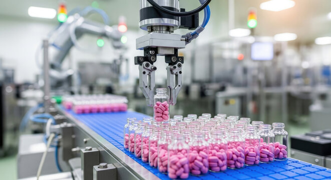 Automated robotic arm precisely filling vials with pink pills on a modern pharmaceutical production line, showcasing innovation and efficiency in healthcare manufacturing