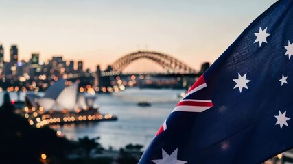 Australian flag waving with Sydney cityscape bokeh background at sunset, concept for national holiday - Powered by Adobe