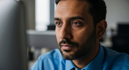 A focused businessman with tired eyes concentrating on a computer screen. Close-up portrait of a professional working in a modern office
