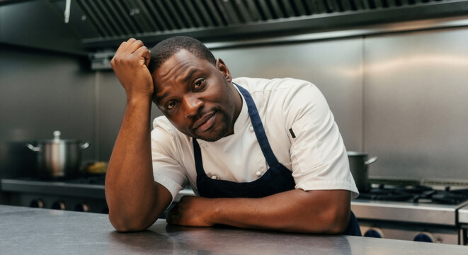 Exhausted Black chef leaning on a kitchen counter. Tired professional cook feeling stressed from work in a restaurant. Hospitality industry burnout and mental health concept - Powered by Adobe