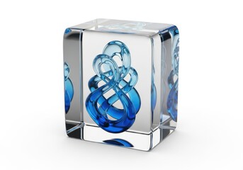 3d illustration of elegant blue glass sculpture encased in a clear cube isolated on white background