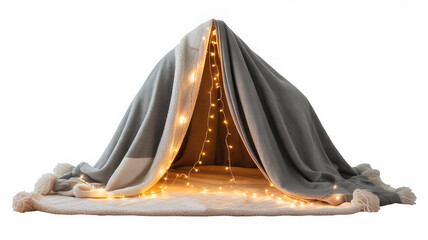 Cozy blanket fort illuminated with warm string lights, perfect for creating a magical indoor escape, promoting relaxation, and fostering imaginative play for children