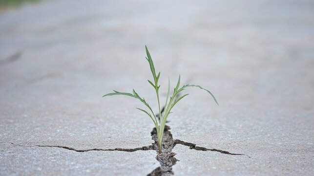 A single green weed plant bravely growing through a crack in a concrete surface showing resilience and life