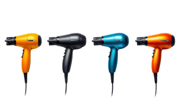 Colorful Hair Dryers on Transparent Background