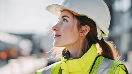 Focused Vision: A determined female engineer gazes upward with a hopeful expression, her safety helmet and vest signifying dedication and precision in the construction environment.