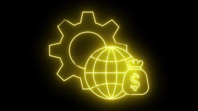 Glowing yellow outline gear globe moneybag with dollar symbol Against stark black background
