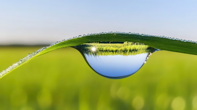 A single perfect dewdrop clinging to a vibrant green blade of grass reflects the bright blue sky and surrounding verdant landscape