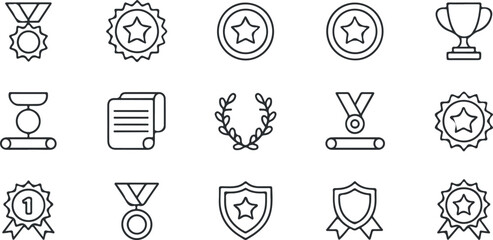 Black line icons present awards, medals, trophy, certificate and shields for any event