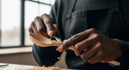 A Black artisan's hands carving a wooden spoon in a workshop. Close-up on the traditional craft of woodworking and handmade goods
