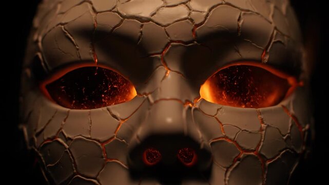 A cracked, face-like form, illuminated by fiery light emanating from its hollow eye sockets and nostrils, set against a dark void
