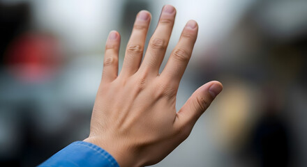 A close-up shot of a person's open hand with fingers slightly spread, palm facing outwards against a blurred background.