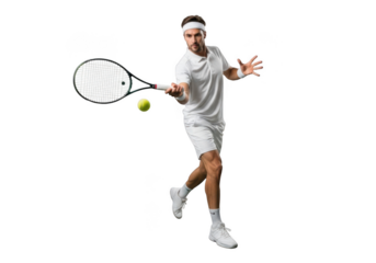 Tennis player swinging racket hitting ball isolated on transparent background