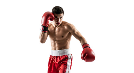 Focused boxer in red shorts and gloves preparing for combat