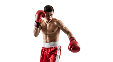Focused boxer in red shorts and gloves preparing for combat