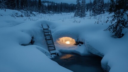 A snow covered wooden ladder leads to a glowing ice tunnel entrance over a frozen creek