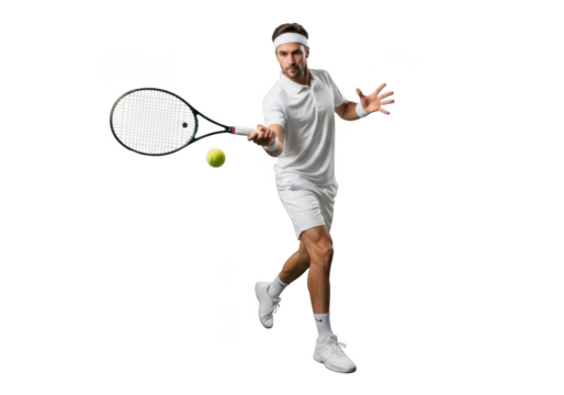 Tennis player swinging racket hitting ball isolated on transparent background